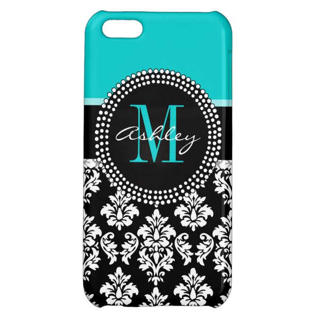 Girly Aqua Black Damask Your Monogram Name iPhone Case (Back)