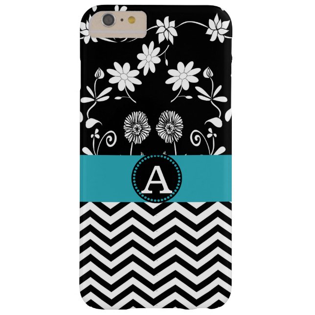 Girly Aqua Black & White Chevron Monogram Name Case-Mate iPhone Case (Back)