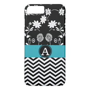 Girly Aqua Black & White Chevron Monogram Name iPhone 8 Plus/7 Plus Case