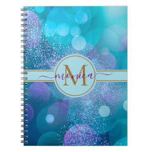 Girly Aqua Blue Bokeh Gold Glitter Monogram Name Notebook