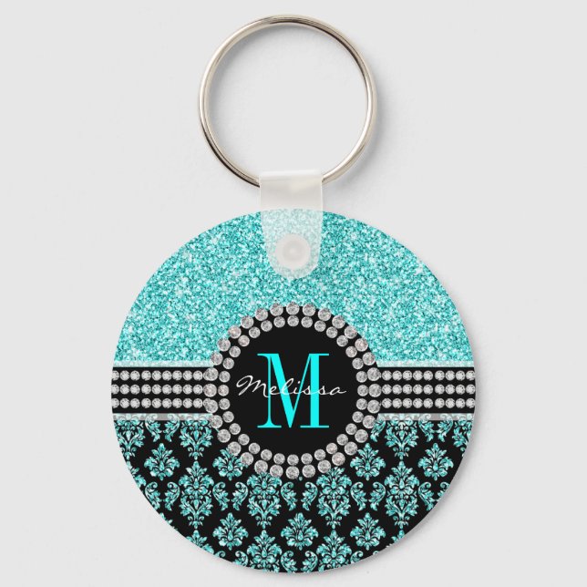 Girly Aqua Blue Glitter Monogram Damask Name Keychain (Front)