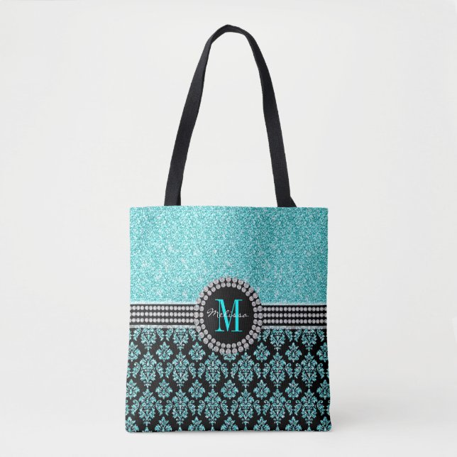 Girly Aqua Blue Glitter Monogram Damask Name Tote Bag (Front)