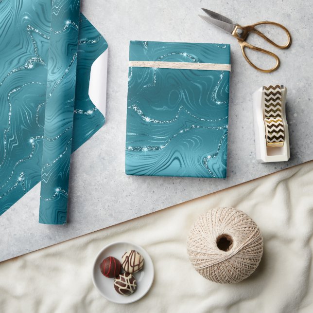 Girly Aqua Blue Glitzy Marble Birthday Wrapping Paper (Crafts)