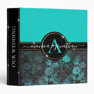 Girly Aqua Blue Grunge Damask Gold Frame Binder