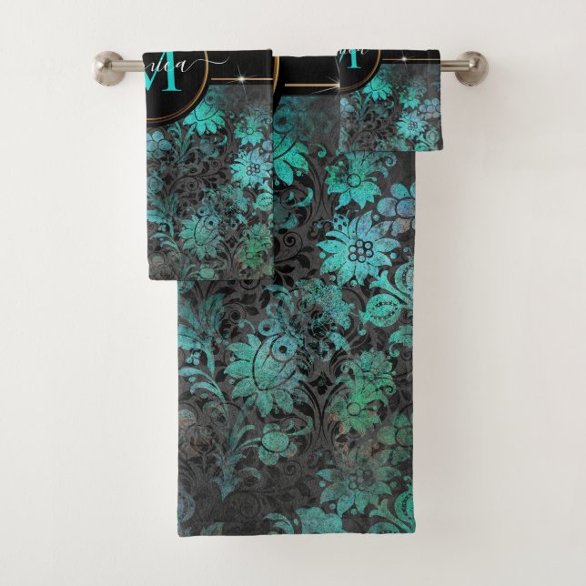 Girly Aqua Blue Grunge Damask Gold Frame Monogram Bath Towel Set (Insitu)