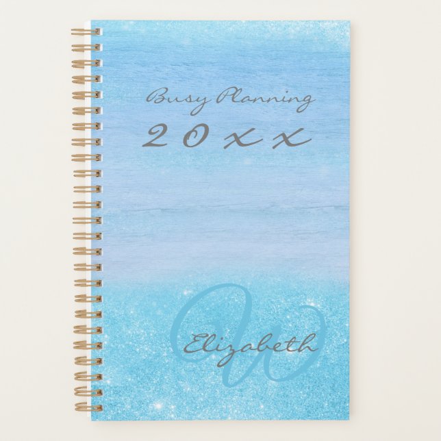 Girly Aqua Blue Ombre with Monogram Planner (Front)