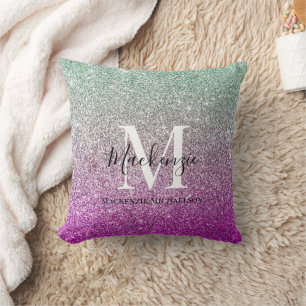 Girly Aqua Blue Pink Ombre Glitter Monogram Name  Throw Pillow