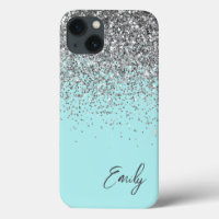 Girly Aqua Blue Silver Glitter Monogram