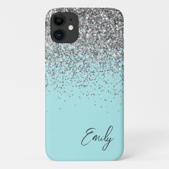 Girly Aqua Blue Silver Glitter Monogram Case-Mate iPhone Case (Back)
