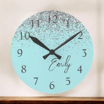 Girly Aqua Blue Silver Glitter Monogram Round Clock<br><div class="desc">Girly Aqua Blue and Silver Sparkle Glitter Brushed Script Monogram Name Clock. This makes the perfect sweet 16 birthday,  wedding,  bridal shower,  anniversary,  baby shower or bachelorette party gift for someone that loves glam luxury and chic styles.</div>