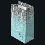 Girly Aqua Blue Silver Glitter Monogram Small Gift Bag<br><div class="desc">Girly Aqua Blue - Silver Glitter Script Monogram Name Gift Bag. This makes the perfect sweet 16 birthday,  wedding,  bridal shower,  anniversary,  baby shower or bachelorette party gift bag for someone that loves glam luxury and chic styles.</div>