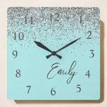 Girly Aqua Blue Silver Glitter Monogram Square Wall Clock<br><div class="desc">Girly Aqua Blue - Silver Sparkle Glitter Script Monogram Name Clock. This makes the perfect sweet 16 birthday,  wedding,  bridal shower,  anniversary,  baby shower or bachelorette party gift for someone that loves glam luxury and chic styles.</div>