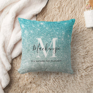 Girly Aqua Blue Silver Ombre Glitter Monogram Name Throw Pillow