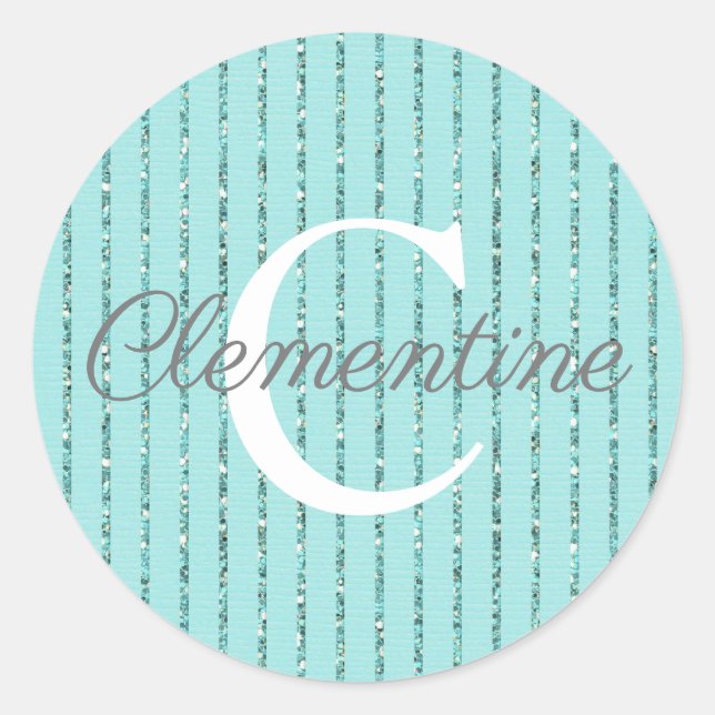 Girly Aqua Blue Teal Gold Glitter Stripes Monogram Classic Round Sticker (Front)