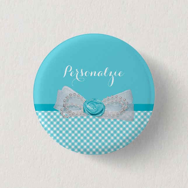 Girly Aqua Gingham Cute Pearls Rose Bow With Name 1 Inch Round Button (Front)