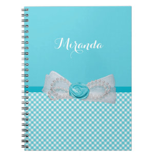 Girly Aqua Gingham Cute Pearls Rose Bow With Name Notebook