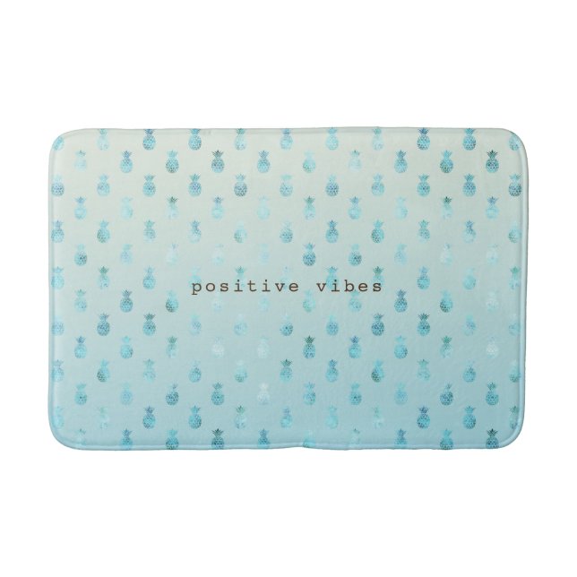 Girly Aqua Glam Tropical Pineapples Ombre Bath Mat (Front)
