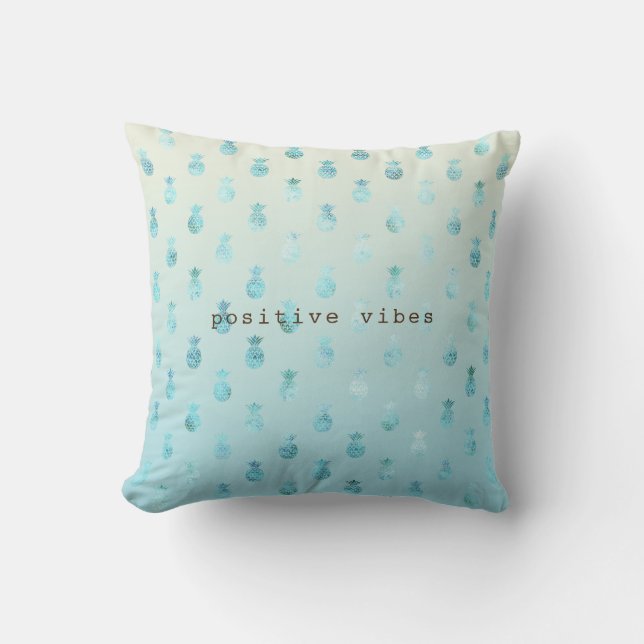 Girly Aqua Glam Tropical Pineapples Ombre Throw Pillow (Front)