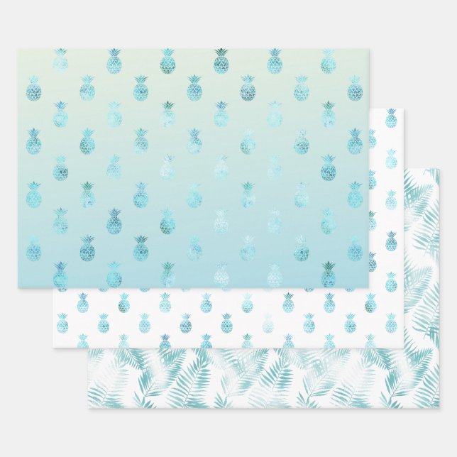 Girly Aqua Glam Tropical Pineapples Ombre Wrapping Paper Sheet (Set)
