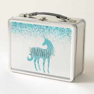Girly Aqua Glitter Unicorn Metal Lunch Box