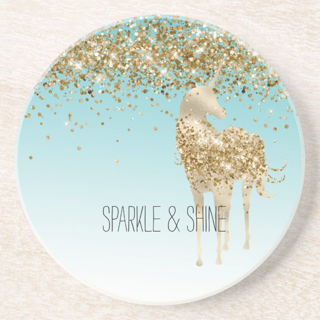 Girly Aqua Gold Confetti Glitter Unicorn Coaster (Front)
