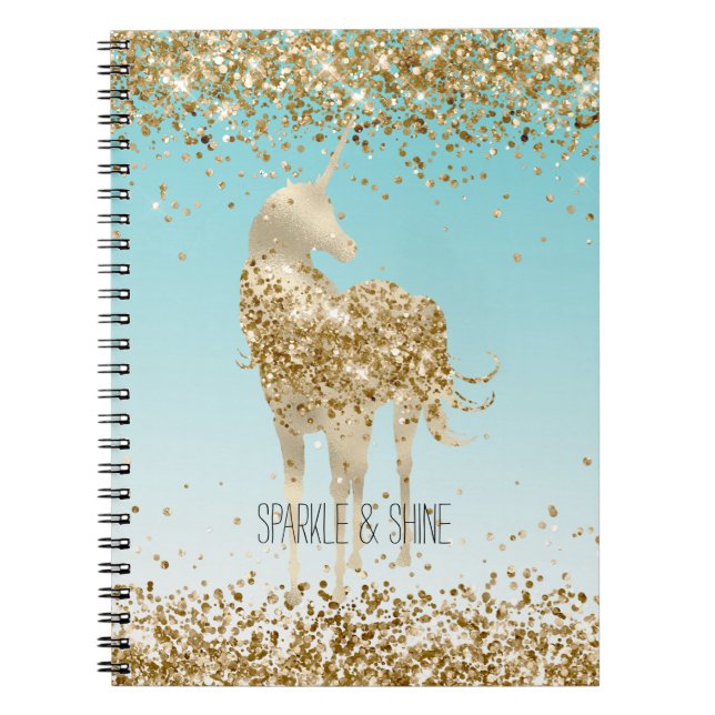 Girly Aqua Gold Confetti Glitter Unicorn Notebook (Front)