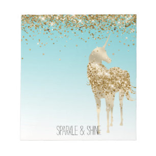 Girly Aqua Gold Confetti Glitter Unicorn Notepad