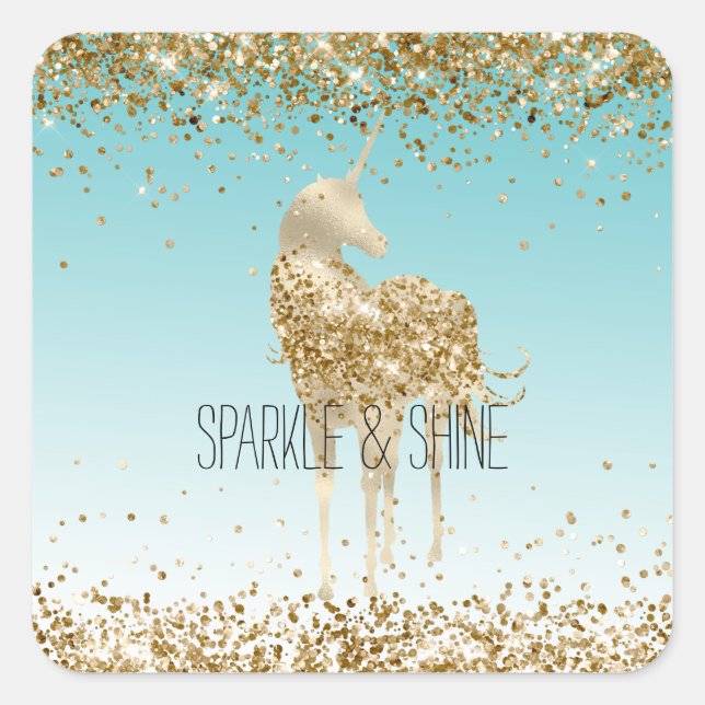 Girly Aqua Gold Confetti Glitter Unicorn Square Sticker (Front)