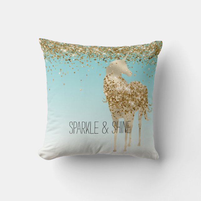 Girly Aqua Gold Confetti Glitter Unicorn Throw Pillow (Front)