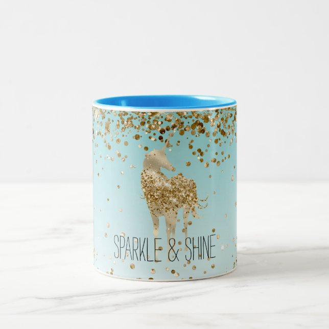 Girly Aqua Gold Confetti Glitter Unicorn Two-Tone Coffee Mug (Center)