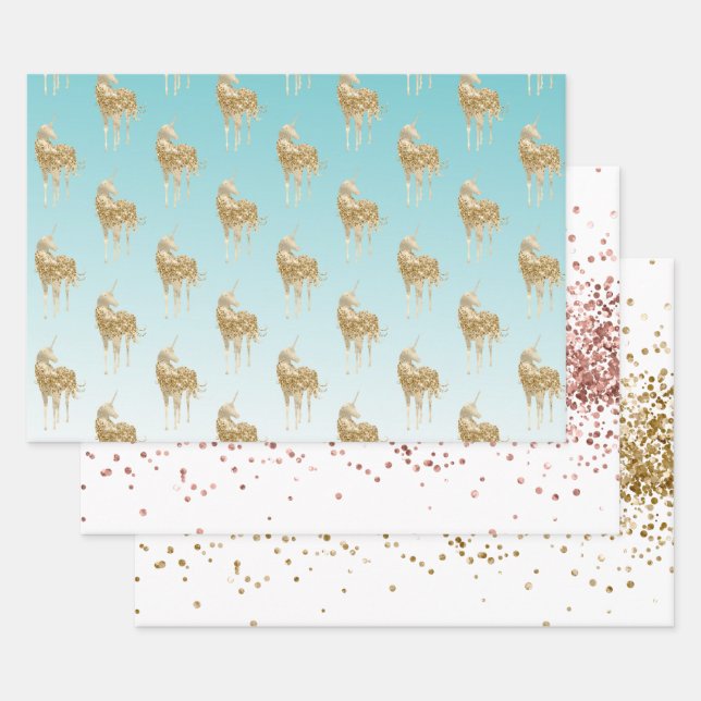 Girly Aqua Gold Confetti Glitter Unicorn Wrapping Paper Sheet (Set)