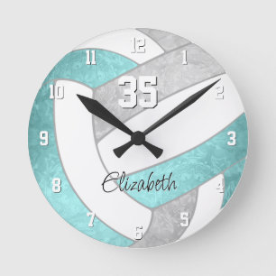 girly aqua grey personalized volleyball round clock