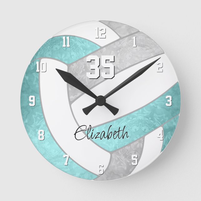 girly aqua grey personalized volleyball round clock (Front)