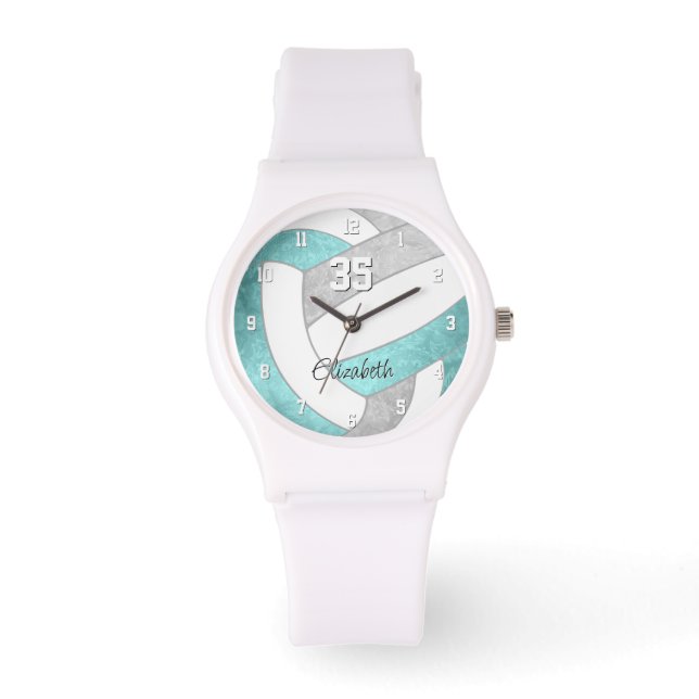 girly aqua grey personalized volleyball watch (Front)
