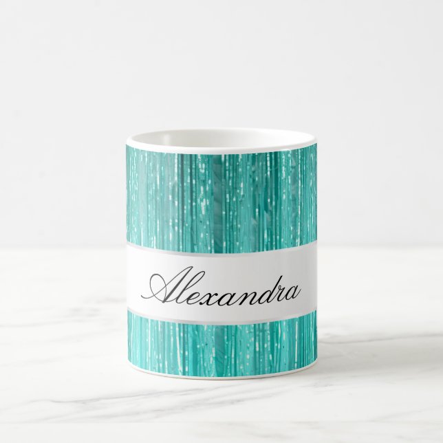 Girly Aqua Mint Glam Glitzy Tinsel Stripes  Coffee Mug (Center)