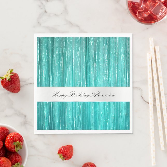 Girly Aqua Mint Glam Glitzy Tinsel Stripes  Napkin (Insitu)