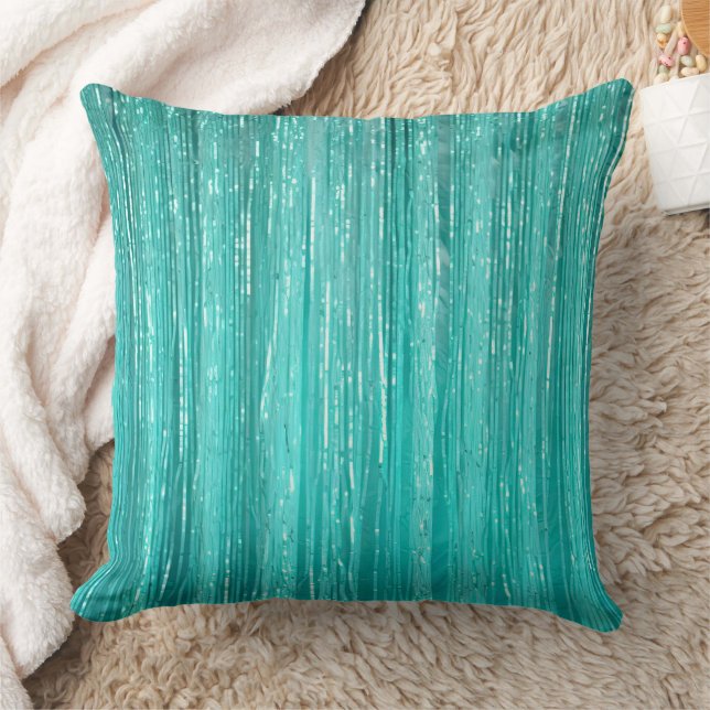 Girly Aqua Mint Glam Glitzy Tinsel Stripes  Throw Pillow (Blanket)