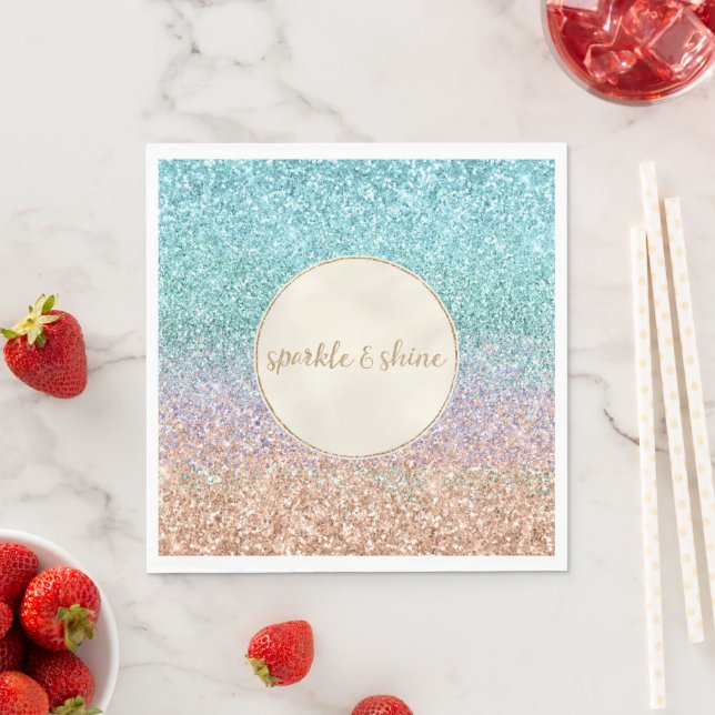Girly Aqua Peach Gold Purple Mint Mermaid Glitter Napkin (Insitu)