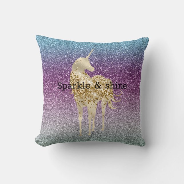Girly Aqua Purple Mint Pink Glitter ombre Unicorn Throw Pillow (Front)