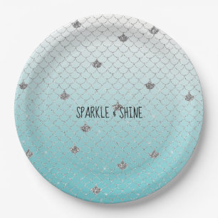 Girly Aqua Silver Glitter Sparkle Mermaid Paper Plate