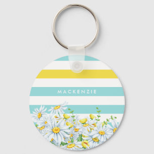 Girly Aqua Stripes With Yellow Daisies and Name Keychain