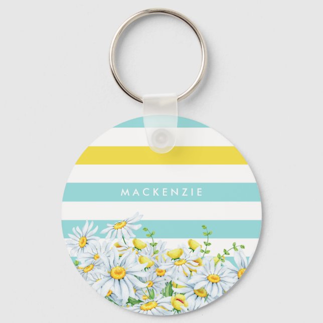 Girly Aqua Stripes With Yellow Daisies and Name Keychain (Front)