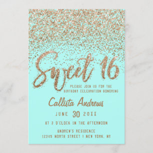 Girly Aqua Teal Gold Scattered Glitter Sweet 16 Invitation