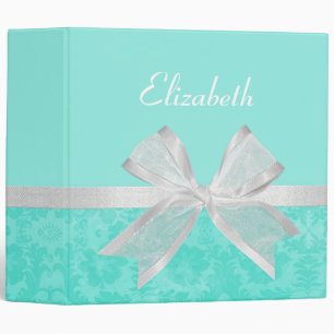 Girly Aqua Turquoise Damask White Ribbon With Name Binder