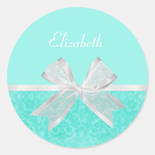 Girly Aqua Turquoise Damask White Ribbon With Name Classic Round Sticker (Front)
