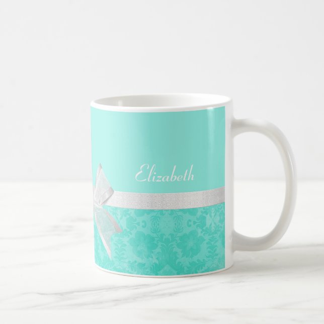 Girly Aqua Turquoise Damask White Ribbon With Name Coffee Mug (Right)