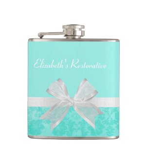 Girly Aqua Turquoise Damask White Ribbon With Name Hip Flask