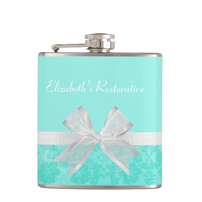 Girly Aqua Turquoise Damask White Ribbon With Name Hip Flask (Front)