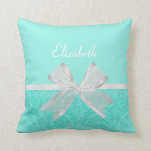 Girly Aqua Turquoise Damask White Ribbon With Name Throw Pillow