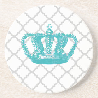 GIRLY AQUA VINTAGE CROWN GREY QUATREFOIL PATTERN COASTER